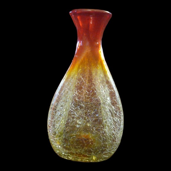 BLENKO GLASS VASE AMBERINA CRACKLE 4 SIDED PINCHED #533 MID CENTURY Tangerine - Picture 4 of 5